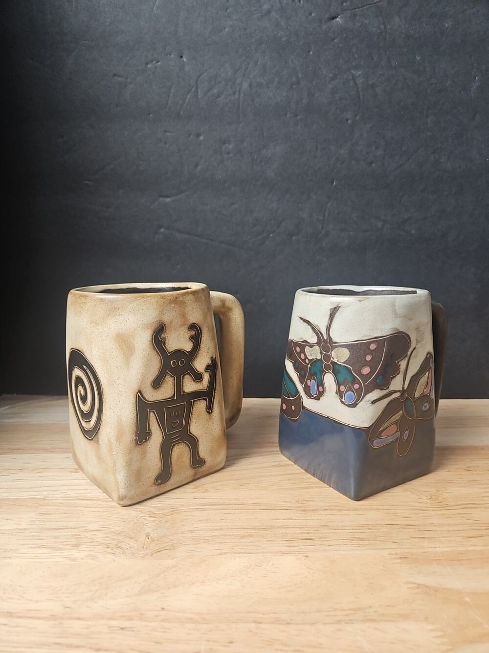 2 Mara Mexico Petroglyph & Butterfly Mugs Ceramic Hand Made Painted Stoneware‎